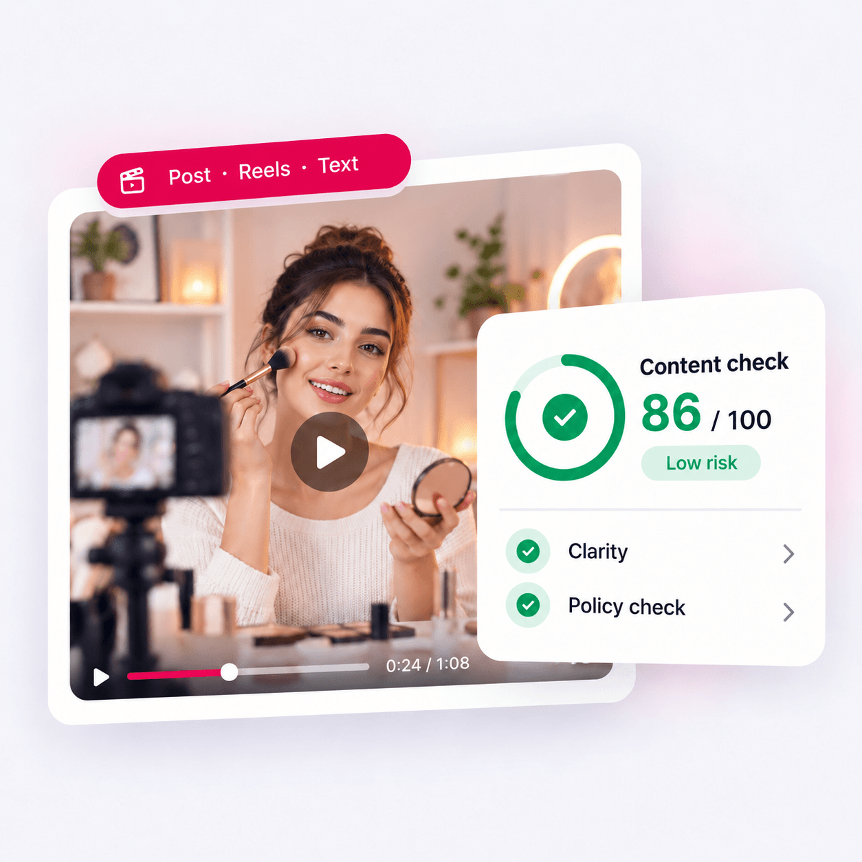 Content check with an 86/100 score and low risk
