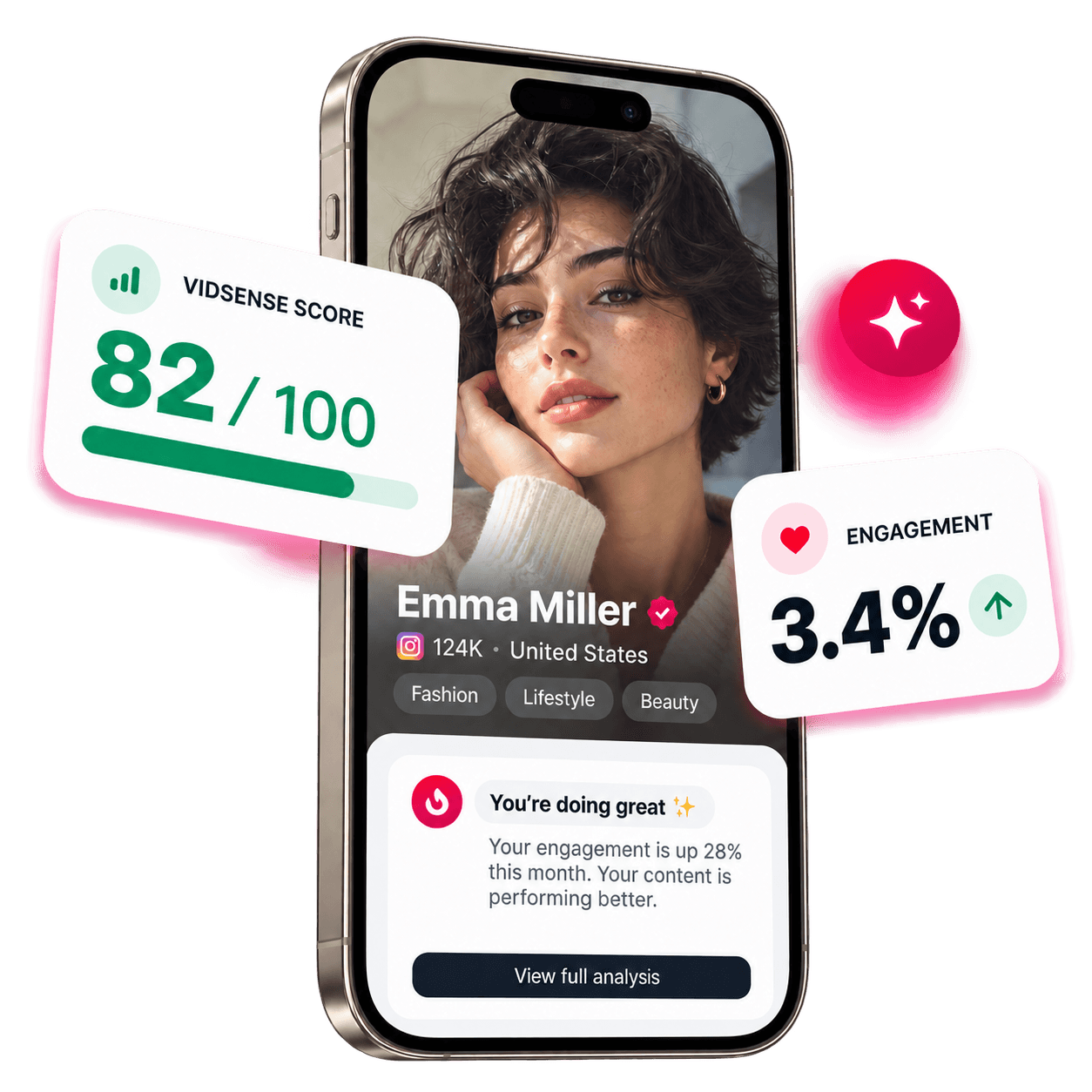 Sample profile screen showing a VidSense Score of 82/100, 3.4% engagement and a progress tip