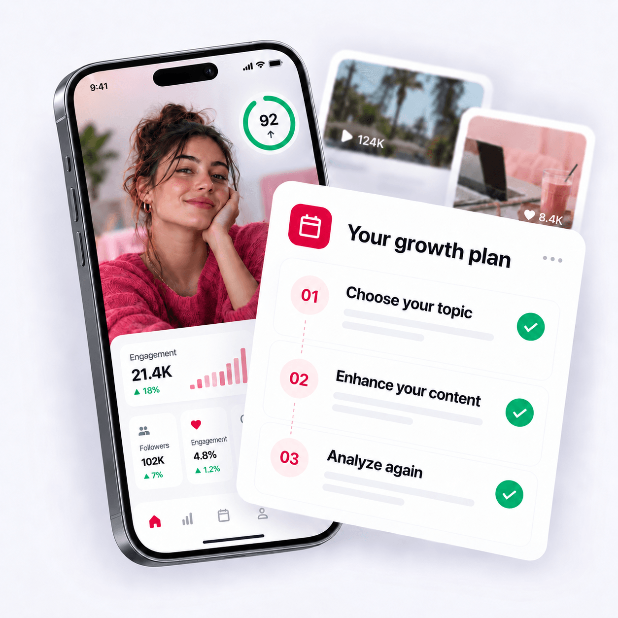 Growth plan with steps to choose a topic, enhance content and analyze again