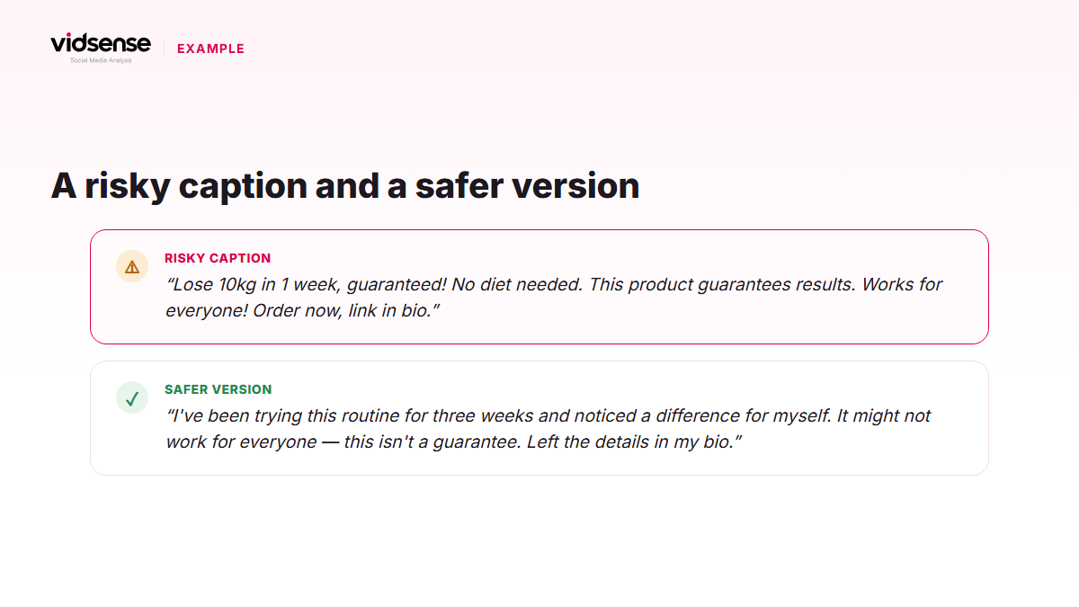 Infographic comparing a risky guaranteed-result caption with a safer, experience-based version