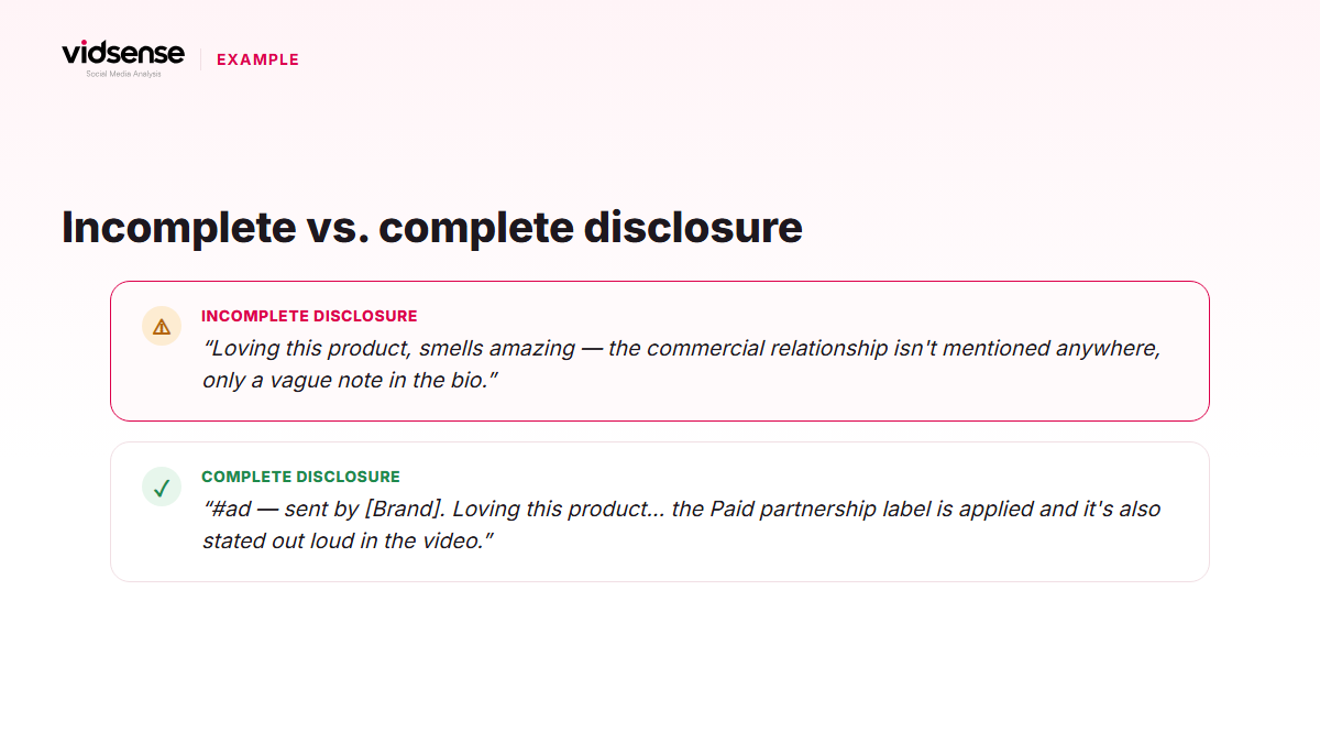Infographic comparing an undisclosed caption with a fully disclosed #ad caption