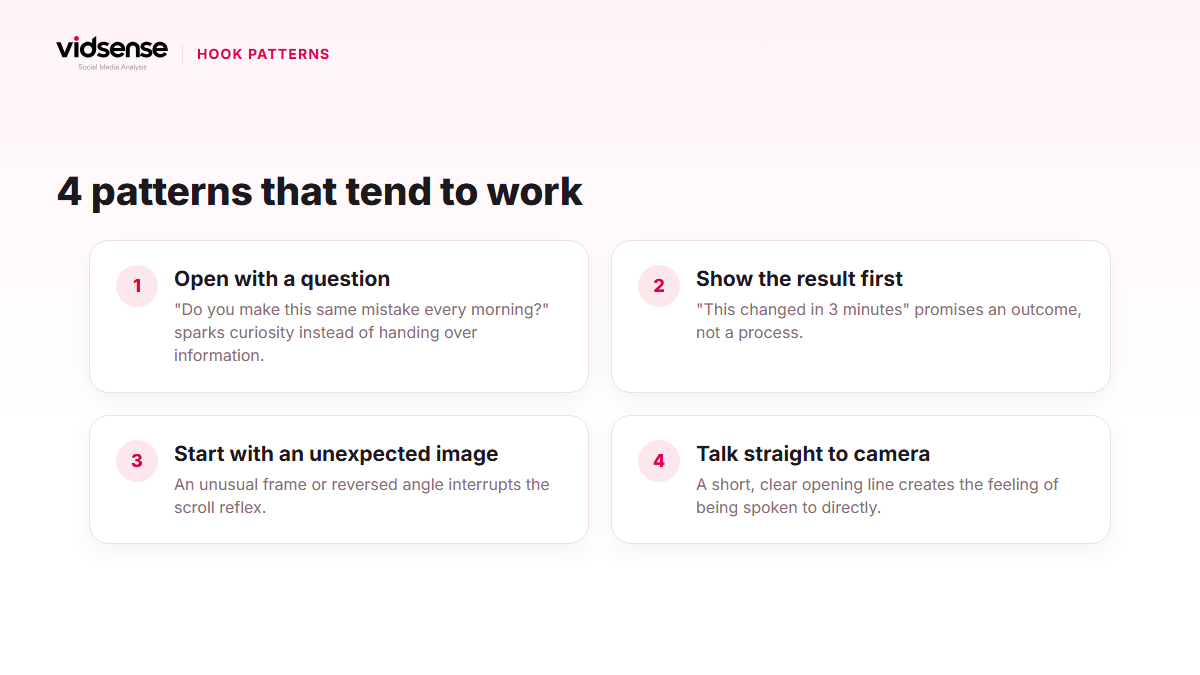 Infographic showing question-open, result-first, unexpected-image, and talk-to-camera hook patterns